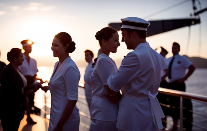 An image of a vibrant deck on a colossal cruise ship, bustling with an array of Filipino crew members impeccably dressed in crisp uniforms, skillfully ensuring a seamless and luxurious experience for passengers