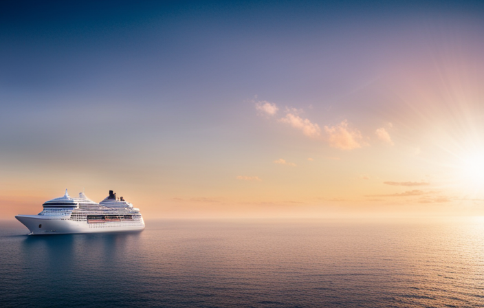 An image showcasing a massive cruise ship gracefully gliding through a pristine cerulean ocean, its colossal hull buoyed effortlessly by the water, while passengers bask on sun-kissed decks, as if defying gravity itself