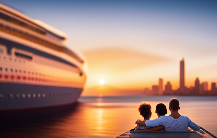 An image showcasing a vibrant Floridian sunset backdrop, with a cruise ship anchored nearby