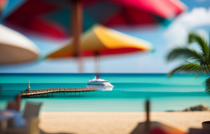 An image showcasing a bustling Carnival Cruise ship sailing through turquoise waters, surrounded by palm trees and vibrant beach umbrellas, highlighting the joyous atmosphere and value-packed experience that makes it an affordable vacation option