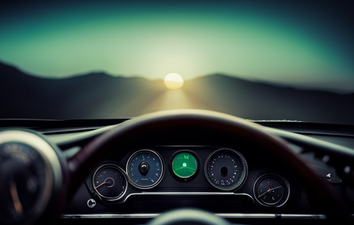 An image of a car's dashboard, illuminated by the soft glow of a cruise control light
