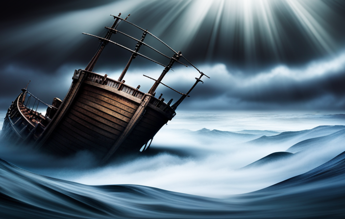 An image showcasing a sunken pirate ship, veiled in darkness, surrounded by a treacherous whirlpool