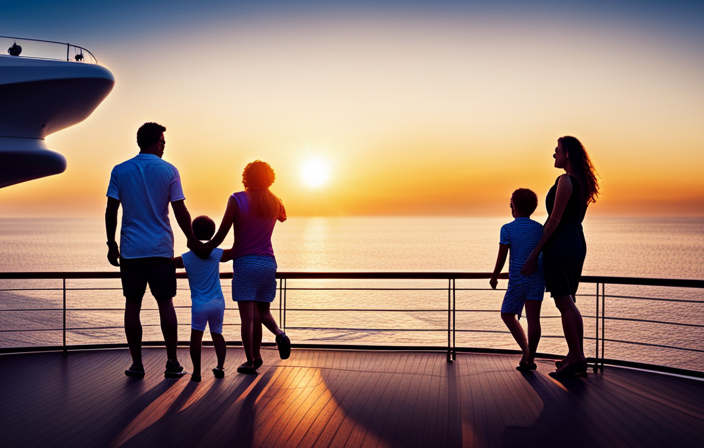 An image featuring a blissful family on a spacious cruise ship deck, basking in the golden glow of a breathtaking sunset over the shimmering ocean, while engaging in various recreational activities and enjoying quality bonding time together
