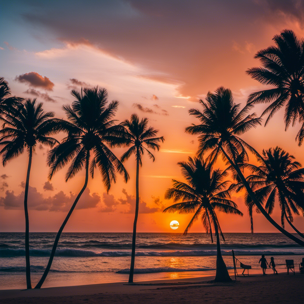 the essence of 2021's extraordinary journeys and exciting destinations through a vibrant image showcasing a mesmerizing sunset over a pristine beach, with palm trees swaying in the gentle breeze and silhouettes of adventurous travelers exploring the horizon