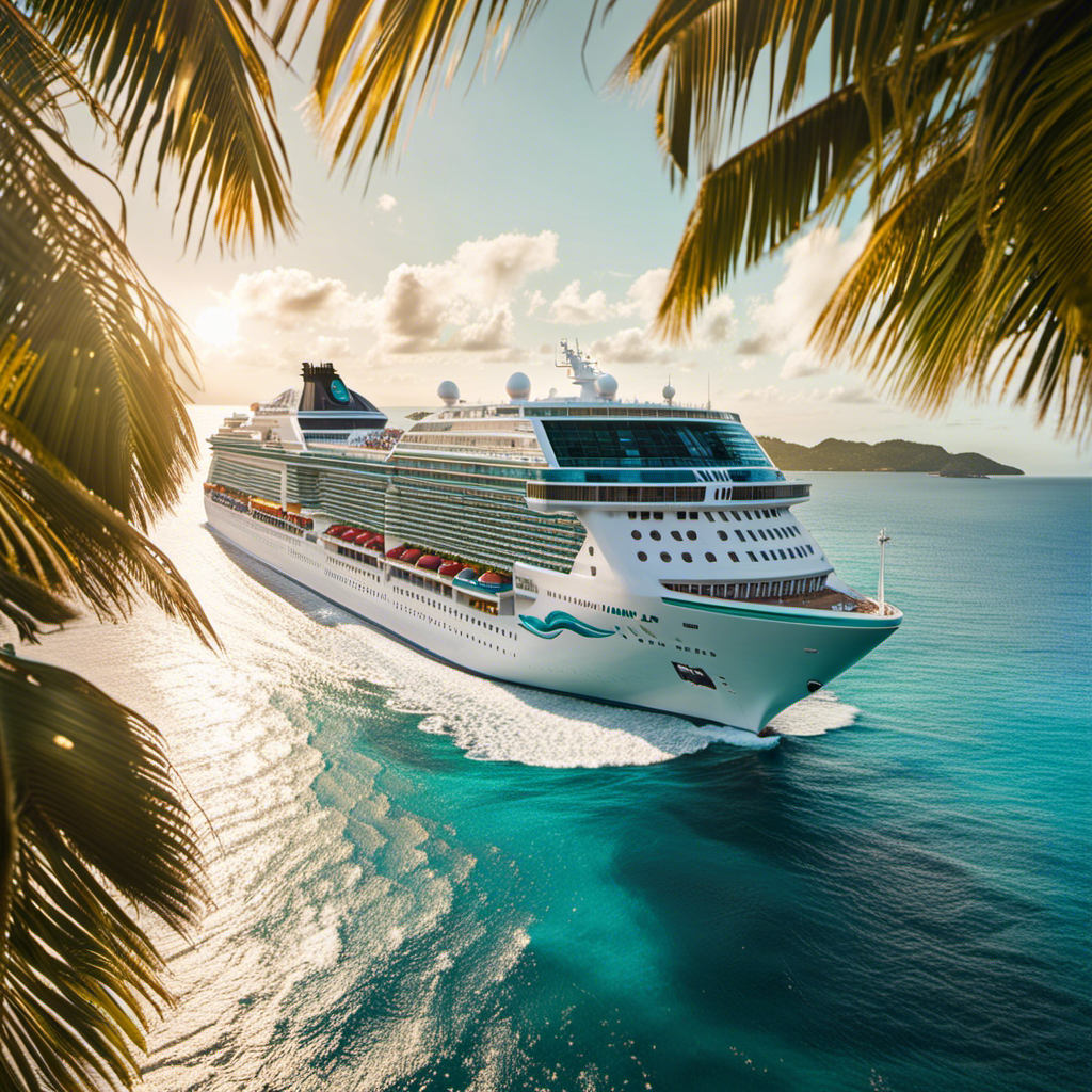 An image showcasing a pristine Norwegian Cruise Line ship gliding through the sparkling turquoise waters of the Caribbean, surrounded by lush tropical islands and bathed in warm golden sunlight, reflecting the anticipation of a prosperous 2023