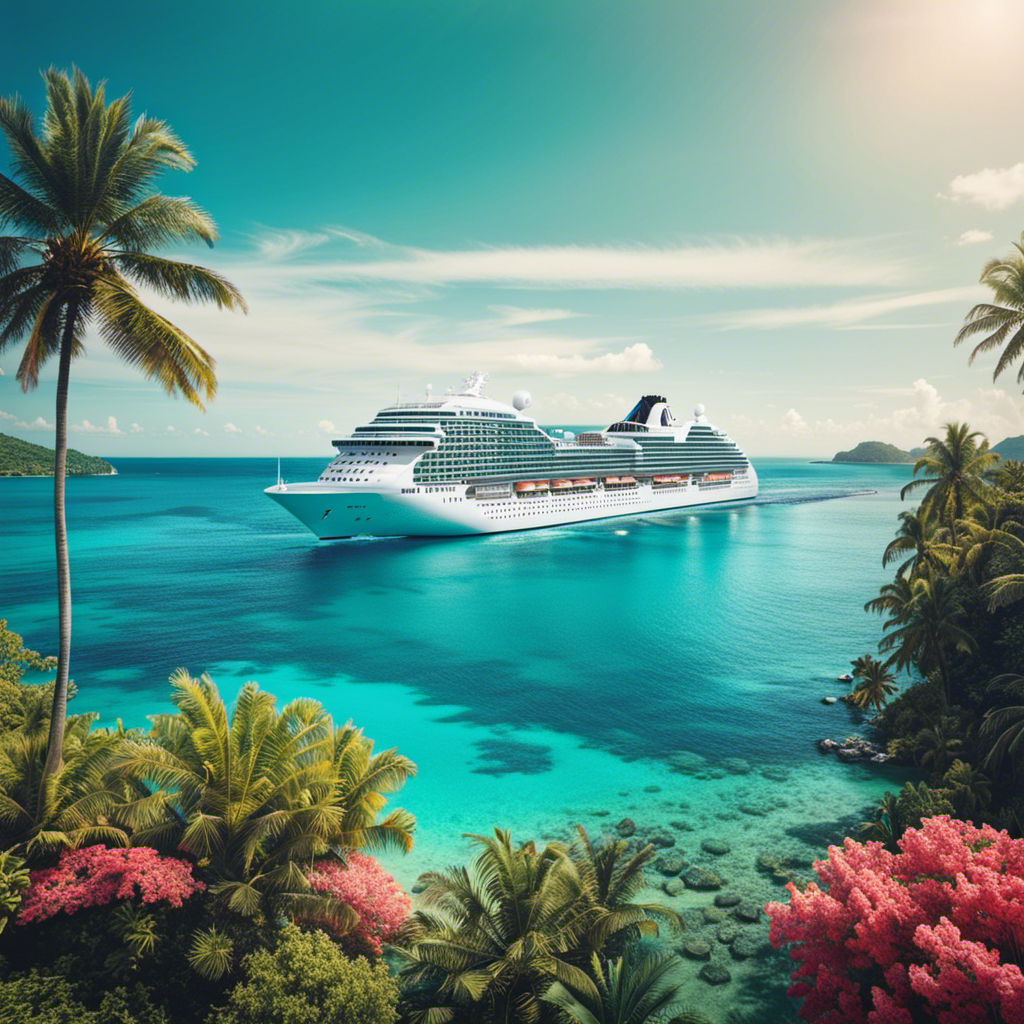 the excitement of future travels with an image featuring a sleek cruise ship gliding through crystal-clear turquoise waters, surrounded by lush tropical islands dotted with palm trees and vibrant coral reefs