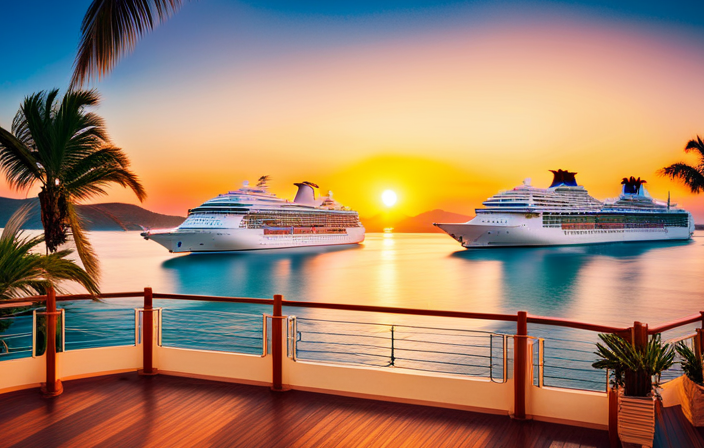 the essence of the ultimate world cruise: A sun-kissed deck overlooking a picturesque Mediterranean port, vibrant African wildlife against a stunning sunset backdrop, and a luxurious Caribbean beach dotted with palm trees and turquoise waters