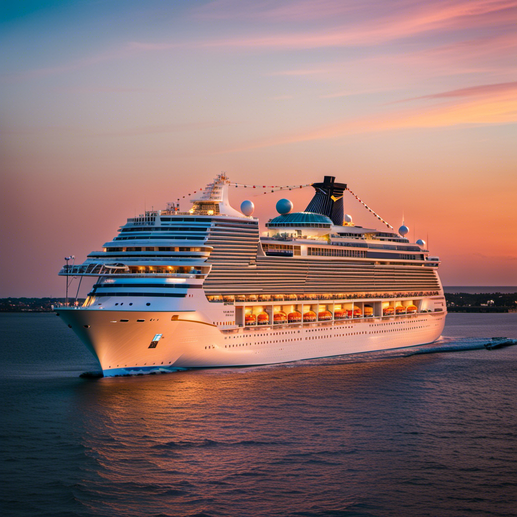 An image depicting a luxurious cruise ship sailing from Galveston's colorful port at sunset