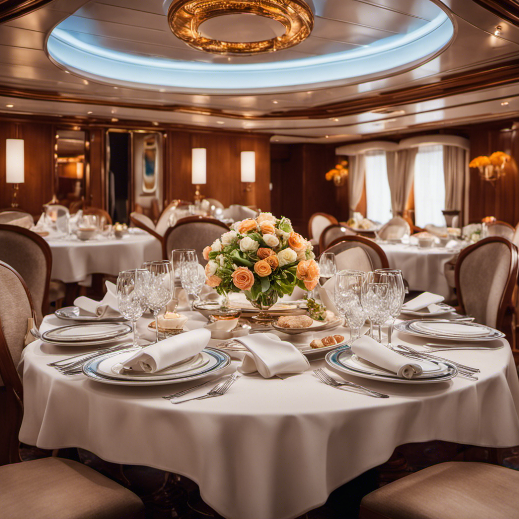 An image that showcases the exquisite culinary experience aboard World Navigator's 7Aft, depicting elegant dining tables adorned with fine china, gleaming silverware, and plates filled with beautifully crafted gourmet dishes