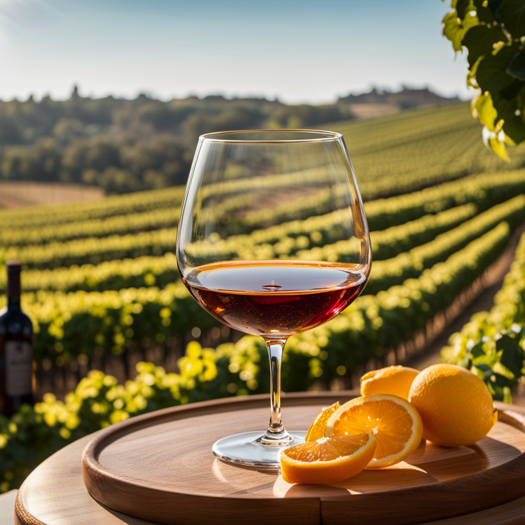 Nt, sunlit terrace overlooking rolling vineyards, adorned with elegant crystal glasses filled to the brim with amber-hued sherry