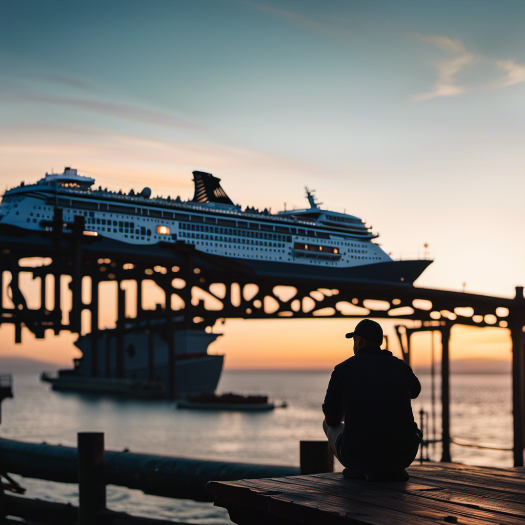 An image of a skilled maritime artist, perched on a weathered dock at sunset, meticulously painting the majestic silhouette of a cruise ship, capturing the vibrant colors, intricate details, and sheer magnificence of these floating masterpieces