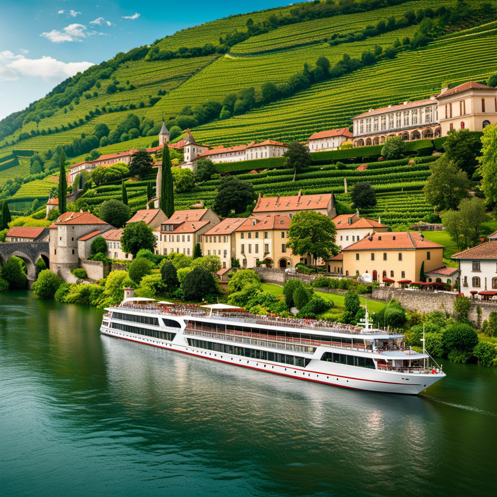 An image showcasing the elegant A-Rosa river cruise ship gliding along the picturesque European river, surrounded by lush green vineyards and vibrant villages