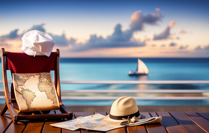 An image showcasing a rustic wooden deck chair on a serene cruise ship, adorned with a well-worn nautical map, a faded seashell collection, and a weathered captain's hat, evoking sentimental memories of unforgettable voyages