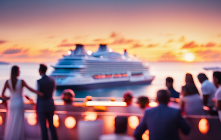 An image that captures the essence of Virgin Voyages' Celebration Voyage: a vibrant sunset casting an ethereal glow over a sleek cruise ship, as guests revel in a rooftop party under a canopy of twinkling lights