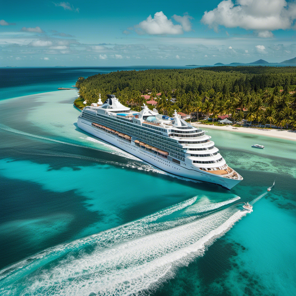 An image showcasing the grandeur of Oceania Cruises' Vista ship, surrounded by crystal-clear turquoise waters, as it sails towards a picturesque tropical island, with palm trees swaying in the gentle breeze and colorful tropical birds soaring overhead