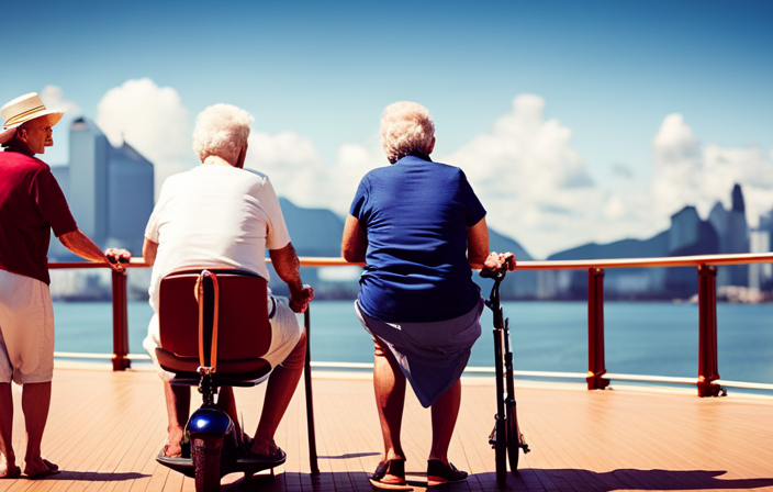 An image featuring a joyful elderly couple effortlessly exploring a cruise ship on scooters