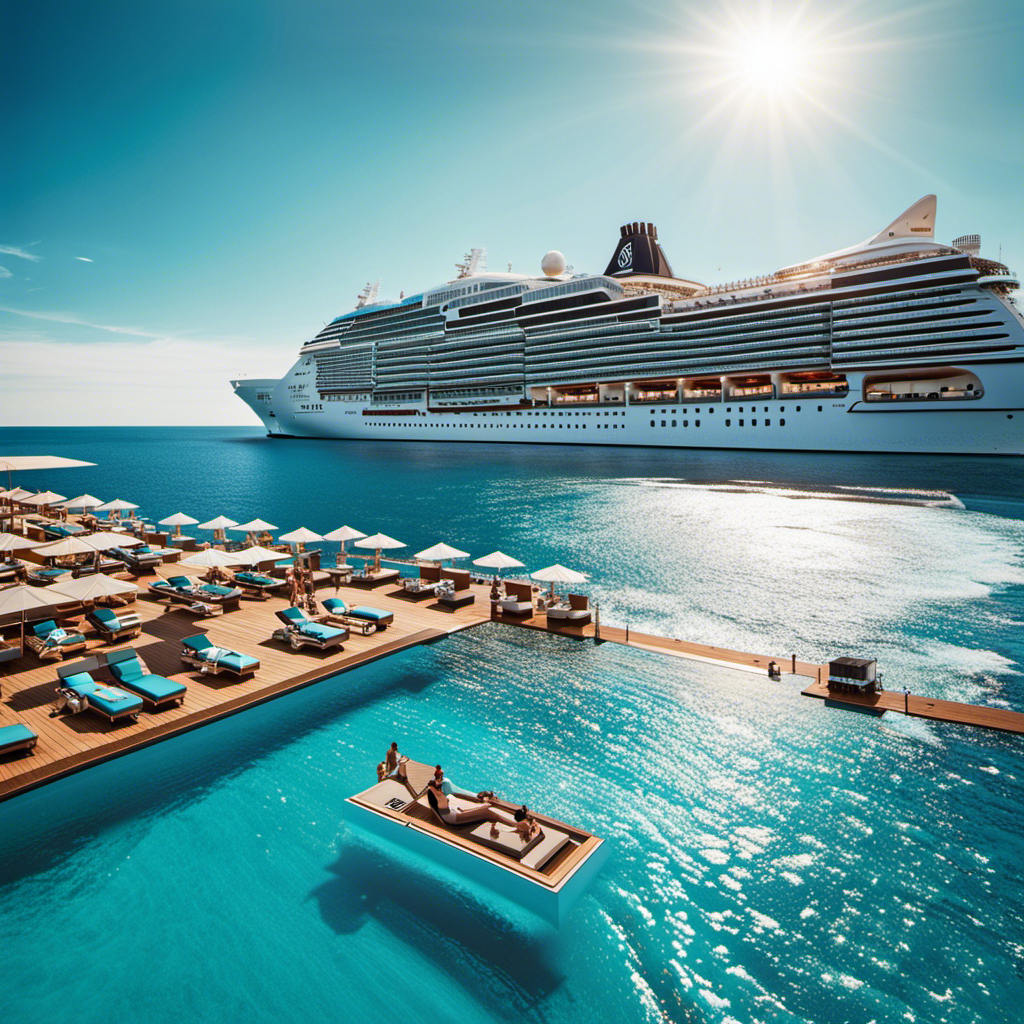 An image showcasing the magnificent Msc Seashore gliding through the crystal-clear azure waters, with vibrant sun-kissed deck chairs, ecstatic passengers indulging in poolside relaxation, and a backdrop of endless horizons stretching towards the infinite blue sky