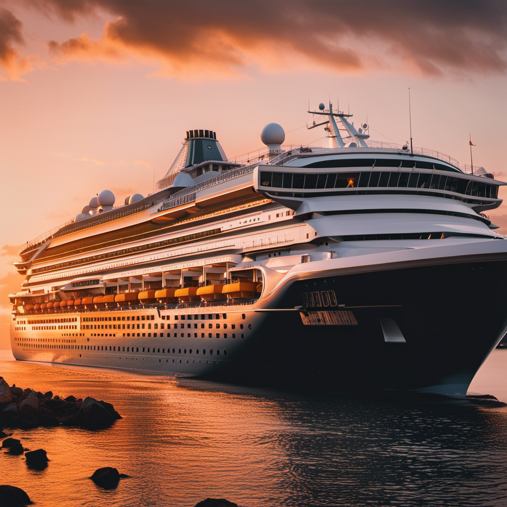 An image showcasing a serene cruise ship sailing under a mesmerizing sunset, symbolizing the cost savings and favorable weather of off-season cruising