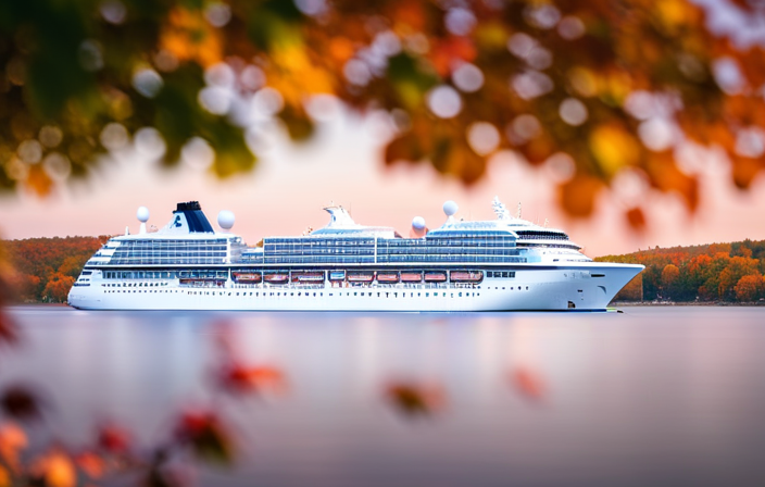 An image depicting a serene cruise ship sailing through calm waters, surrounded by vibrant fall foliage