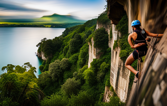 An image capturing the exhilarating adventure in San Juan: a fearless adventurer rappelling down a towering limestone cliff, surrounded by lush rainforest, hidden caves, and the rich heritage of the city