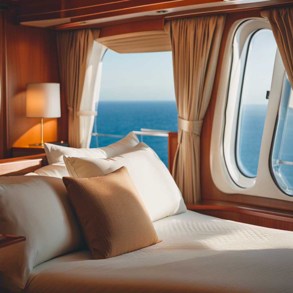 An image showcasing the cozy interior of a cruise cabin, tastefully decorated with a plush bed, tranquil lighting, and a spacious window overlooking the vast ocean, emphasizing the affordability and delightful benefits of such accommodations