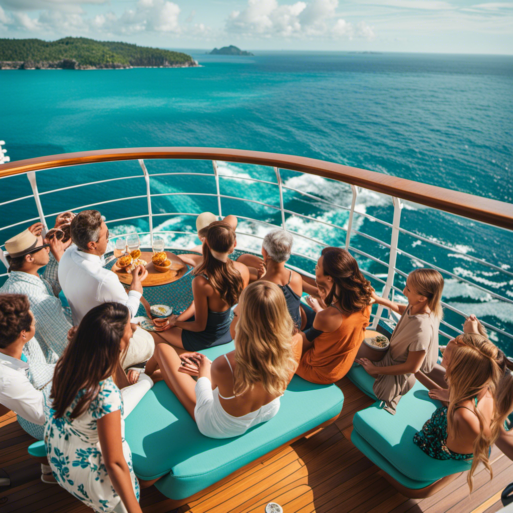 An image showcasing the stunning view from the deck of a Holland America Line cruise ship, with vibrant turquoise waters stretching as far as the eye can see, and a group of happy travelers enjoying the affordable 5-day getaway
