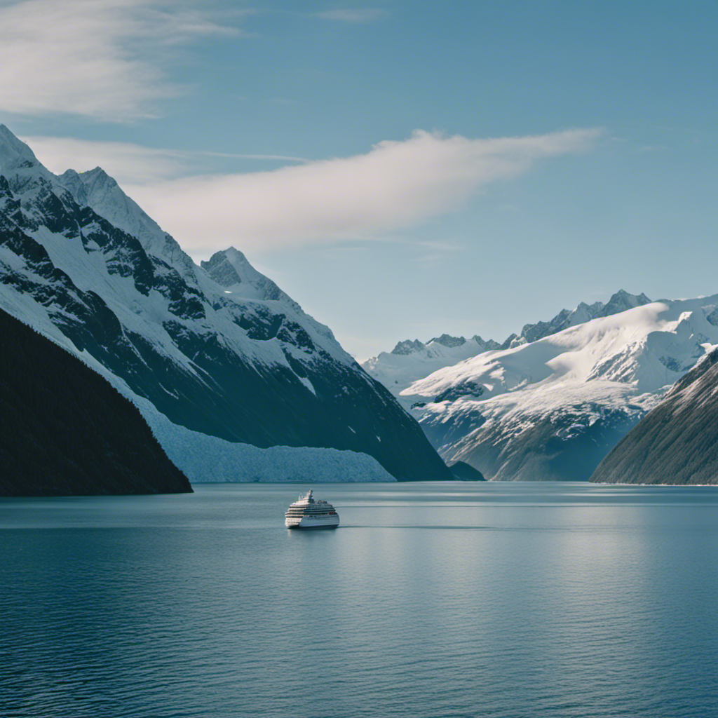 An image showcasing a breathtaking Alaskan landscape from the deck of a cruise ship, surrounded by snow-capped mountains, sparkling glaciers, and playful whales breaching amidst the tranquil waters