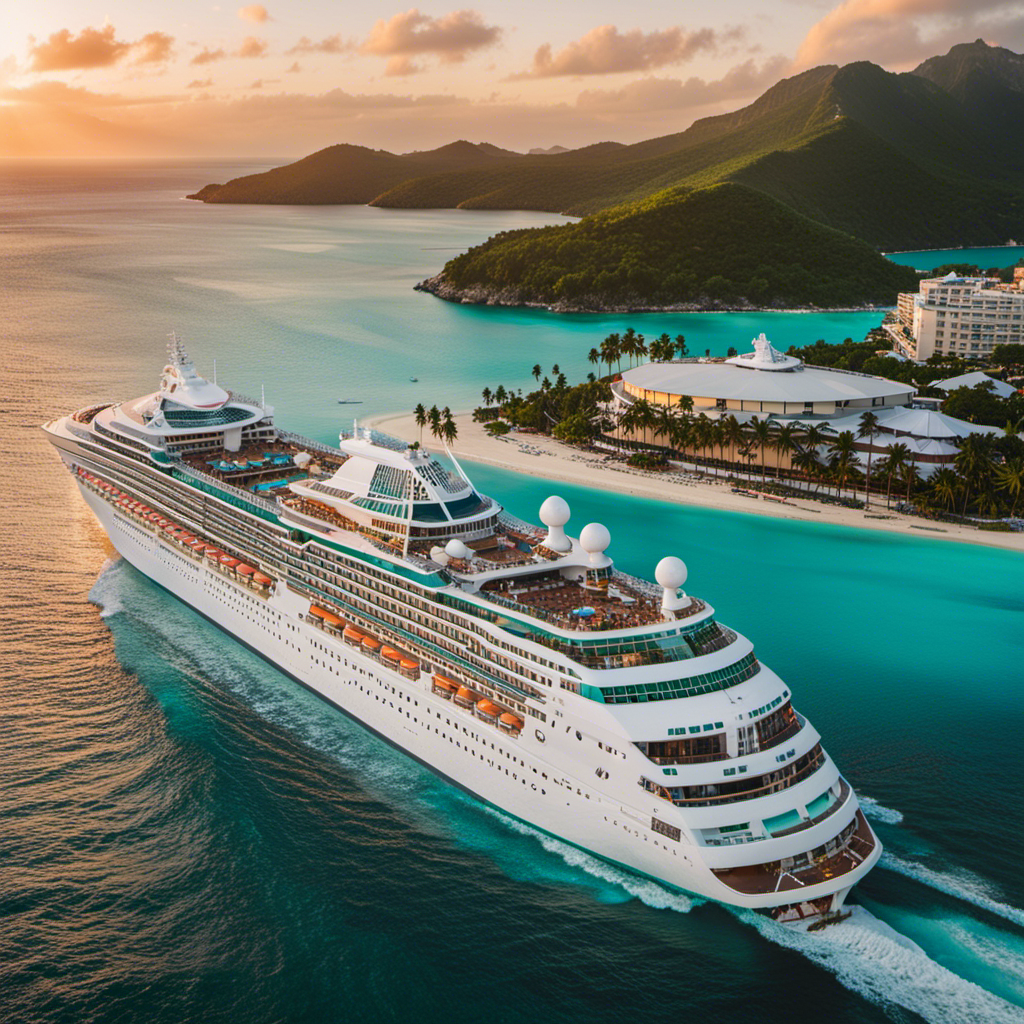 An image capturing the essence of a Caribbean and Mexico cruise: a vibrant sunset over crystal-clear turquoise waters, a luxurious cruise ship anchored near palm-fringed white sandy beaches, and happy vacationers enjoying the sun, sea, and relaxation