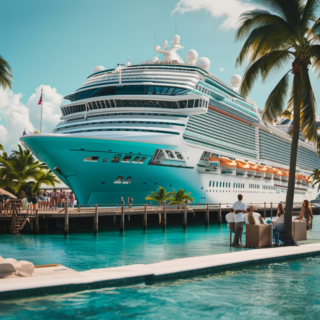 An image of a vibrant Caribbean cruise ship docked at a tropical port, surrounded by palm trees and crystal-clear turquoise waters