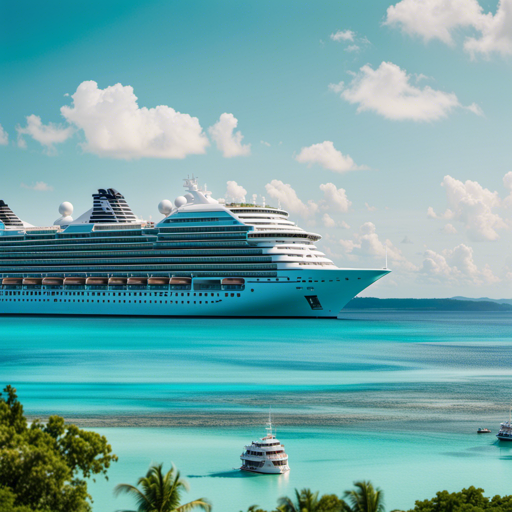 An image showcasing a variety of cruise ships gracefully sailing on crystal-clear turquoise waters, surrounded by lush tropical islands and vibrant coral reefs