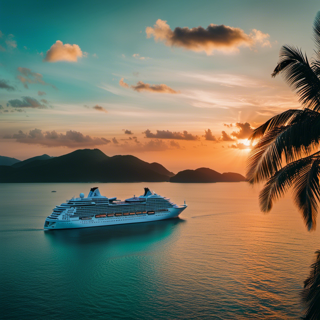 An image showcasing a vibrant sunset over turquoise waters, as a luxurious cruise ship sails towards an exotic island, surrounded by palm trees, capturing the essence of affordable yet unforgettable cruise journeys in 2024