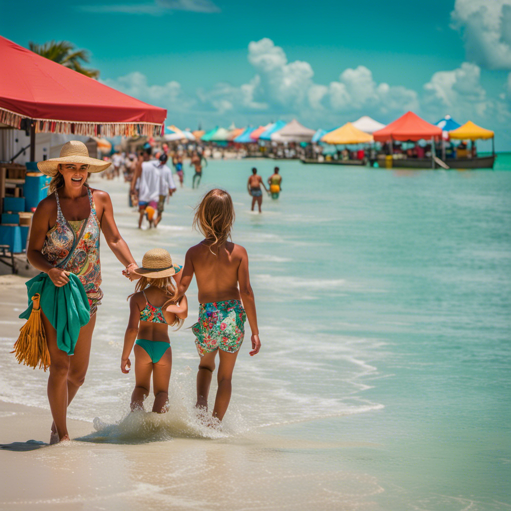 An image showcasing the vibrant colors of Progreso's sandy beaches, with families playing in the crystal-clear turquoise waters