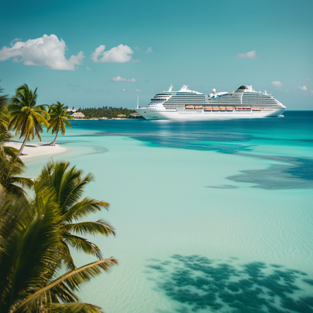 An image that showcases a vibrant cruise ship sailing on turquoise waters under a clear blue sky, with palm-fringed tropical islands in the background, hinting at the allure of affordable Spring Break cruises