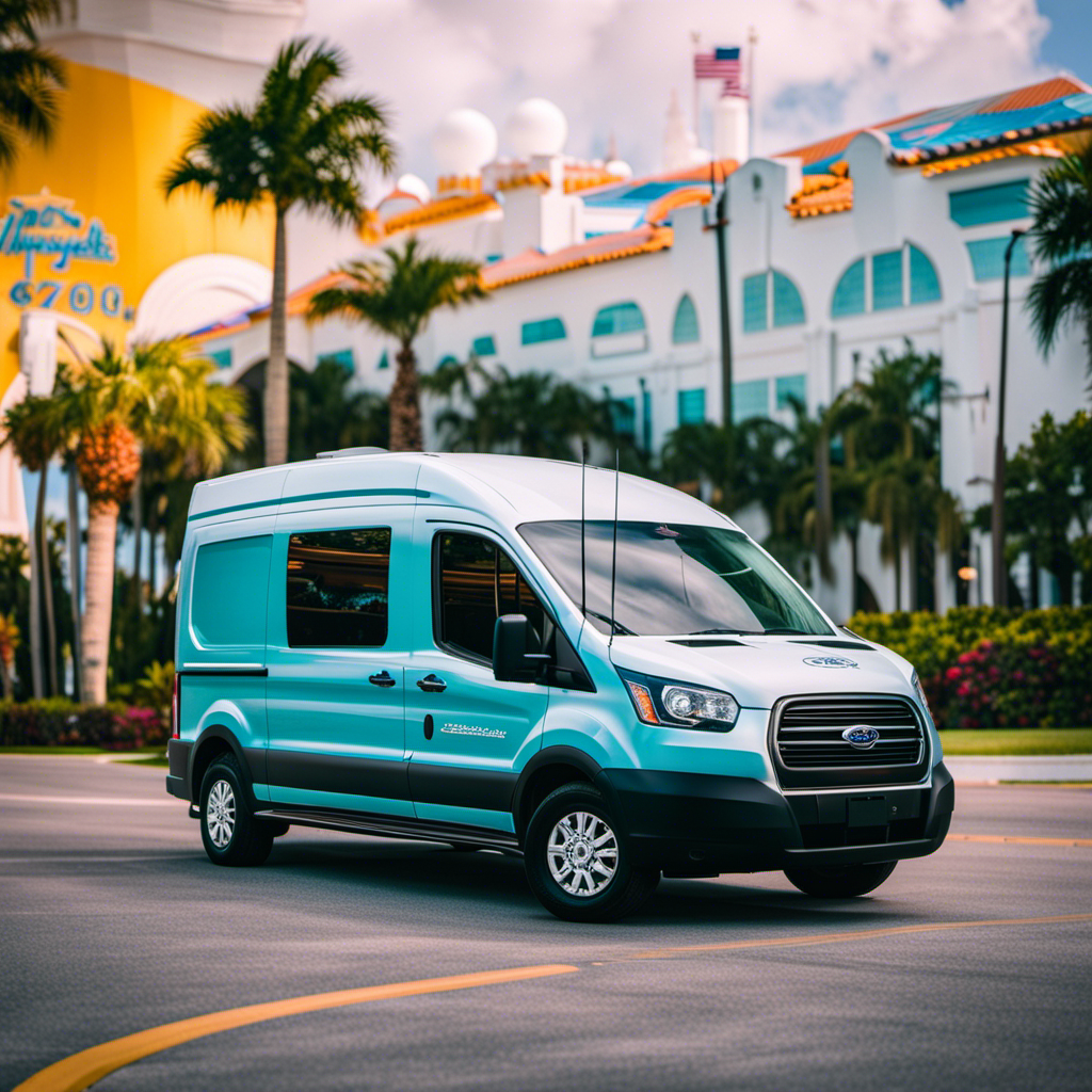 An image showcasing a sleek shuttle van, adorned with the vibrant colors of Orlando and Port Canaveral, ferrying passengers in comfort between the bustling airport and the serene port, capturing the essence of affordable transport options