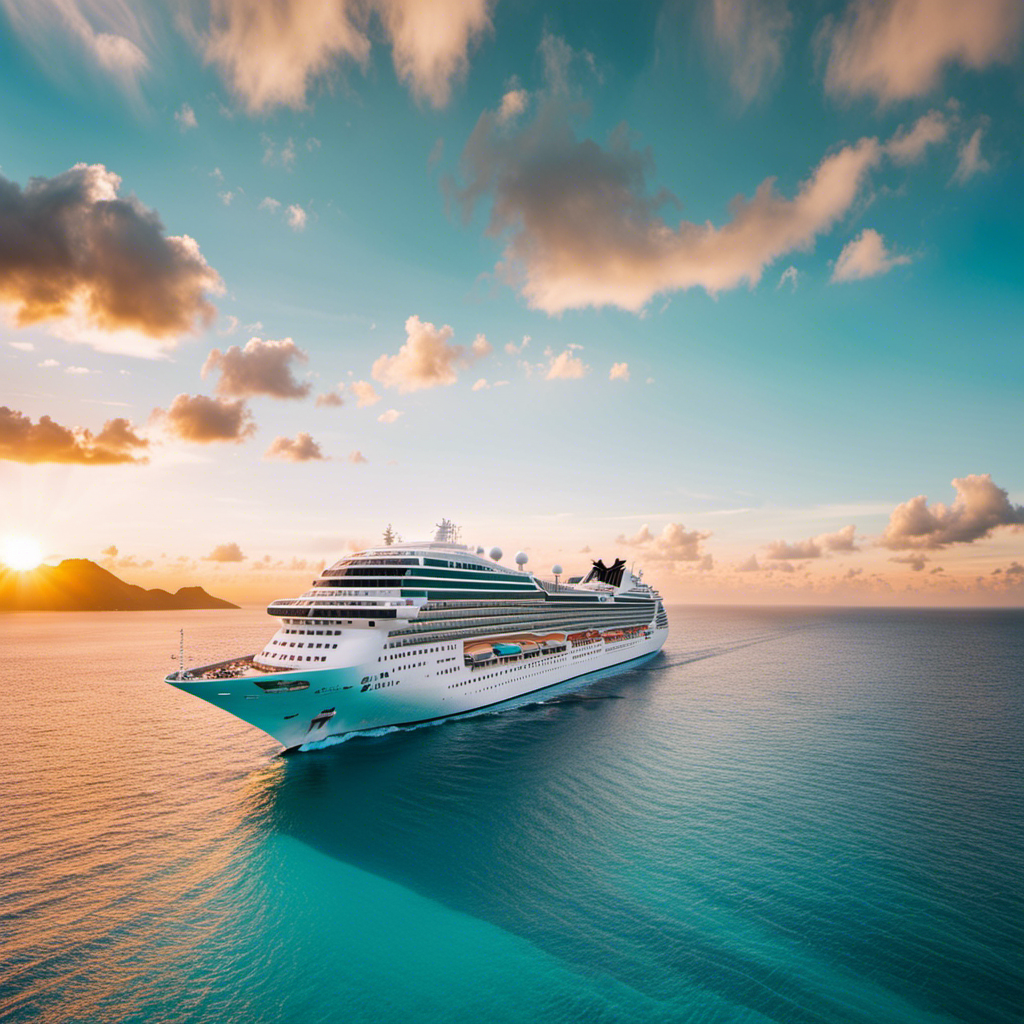 An image showcasing the majestic AIDA cruise ship sailing through turquoise waters, with vibrant sunset hues illuminating the sky