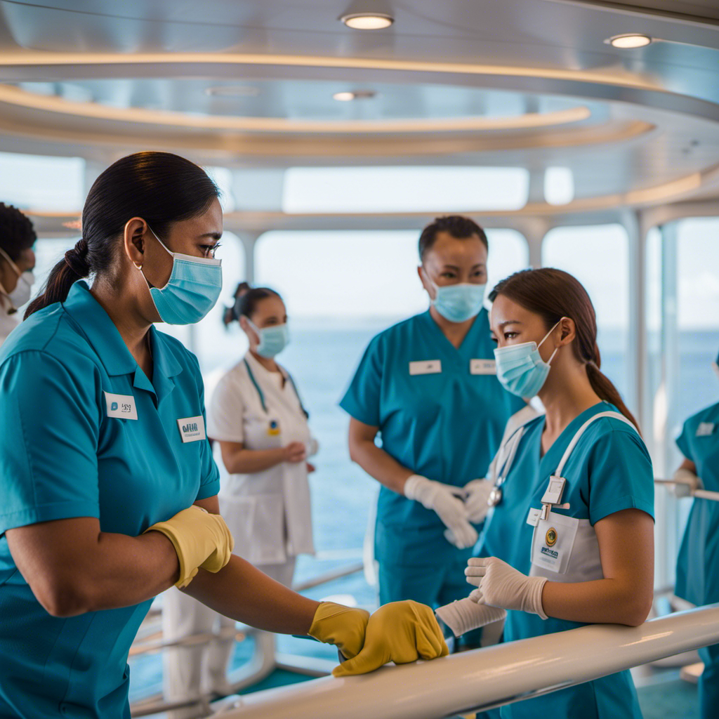 An image showcasing the stringent health protocols aboard Aida Cruises, with crew members wearing masks and gloves, passengers practicing social distancing, and medical staff providing care, symbolizing the safe resumption of cruises