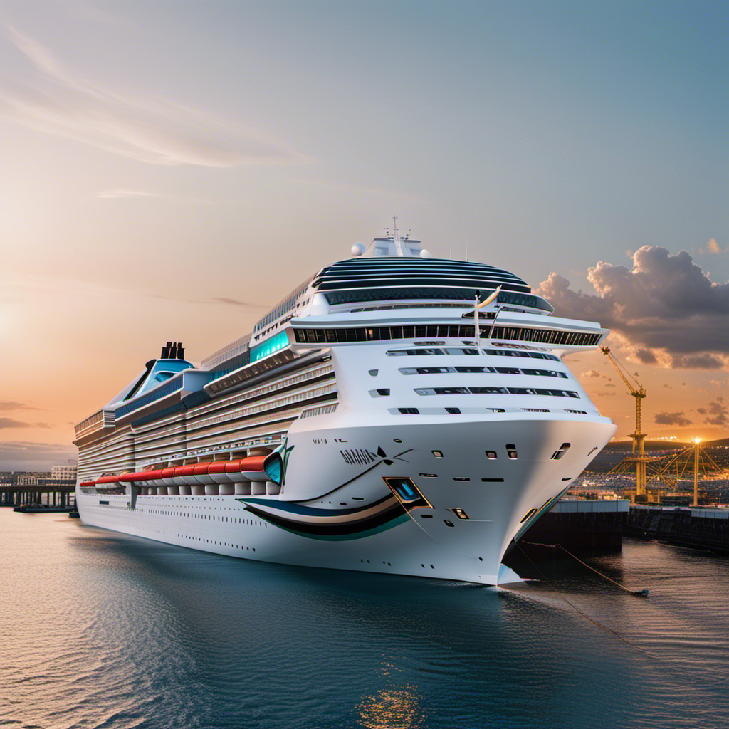 An image showcasing the impressive sight of an AIDA cruise ship docked at a port, seamlessly connected to a sleek and modern shore power infrastructure, emitting no exhaust fumes and contributing to a sustainable future
