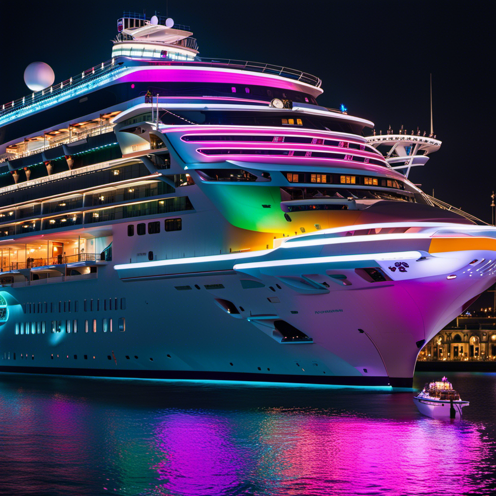An image showcasing AIDAnova's Naming Ceremony: vibrant LED lights illuminate a sleek, futuristic cruise ship anchored in a bustling harbor, as a mesmerized crowd gazes at the awe-inspiring spectacle unfolding before them