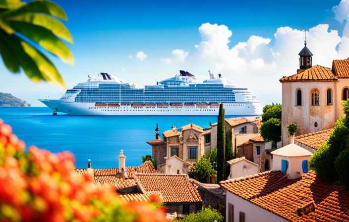 An image showcasing the AIDAperla cruise ship gliding through vibrant Mediterranean waters, surrounded by picturesque coastal landscapes