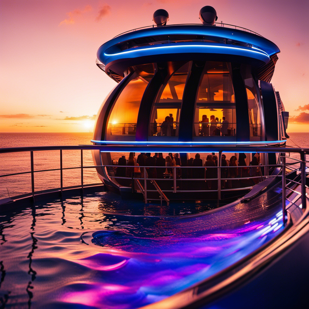 An image showcasing AIDAperla's sleek silhouette against a vivid sunset backdrop, with glowing LED lights illuminating its stunning exterior, while passengers enjoy the immersive experience on the ship's multi-level water slides and panoramic glass elevators