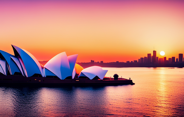 An image that showcases the iconic Sydney Opera House at sunrise, with AIDA's luxurious cruise ship majestically sailing towards the harbor, adorned with vibrant flags, as the sky is painted in hues of pink and orange