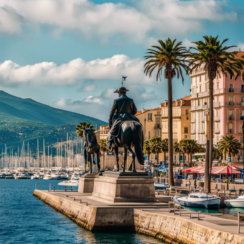 An image showcasing Ajaccio's enchanting seaside promenade, lined with vibrant palm trees, overlooking the azure Mediterranean Sea