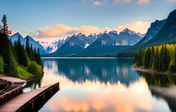 An image capturing the breathtaking beauty of Alaska and the Canadian Rockies: snow-capped peaks towering over lush evergreen forests, a serene glacial lake reflecting the majestic surroundings, and a historic railway winding through the awe-inspiring landscape