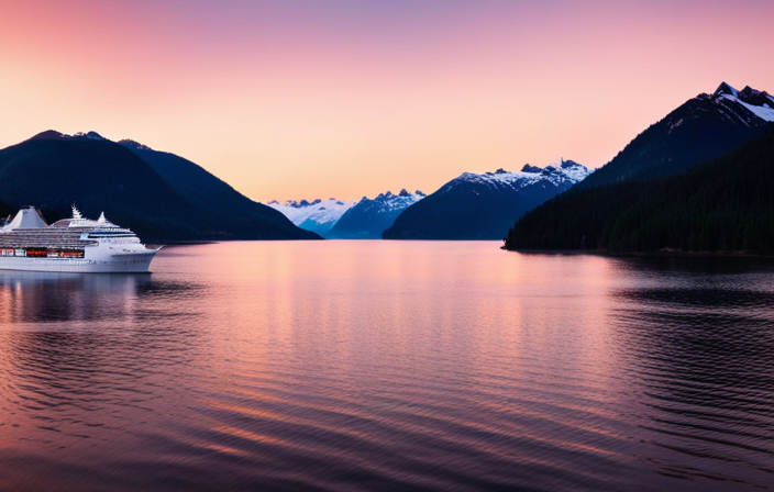 An image showcasing a majestic Alaskan Inside Passage cruise: A luxurious cruise ship gliding through pristine waters, surrounded by towering snow-capped mountains, lush forests, and charming ports dotted along the scenic route