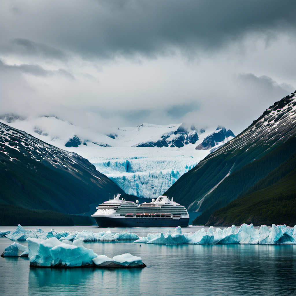 An image capturing the juxtaposition of majestic glaciers and bustling cruise ships against a backdrop of untouched nature, symbolizing the devastating impact on Alaska's ecosystem during the cruise season while conveying a glimmer of hope for a sustainable future