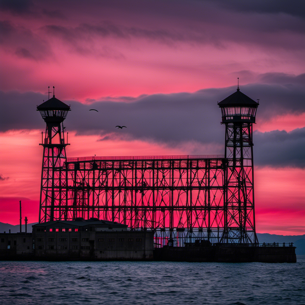 An image capturing the eerie ambiance of the desolate Alcatraz Island at dusk - the dilapidated cell blocks looming against a blood-red sky, a fading silhouette of a guard tower, and a faint glimpse of tourists exploring the historic prison