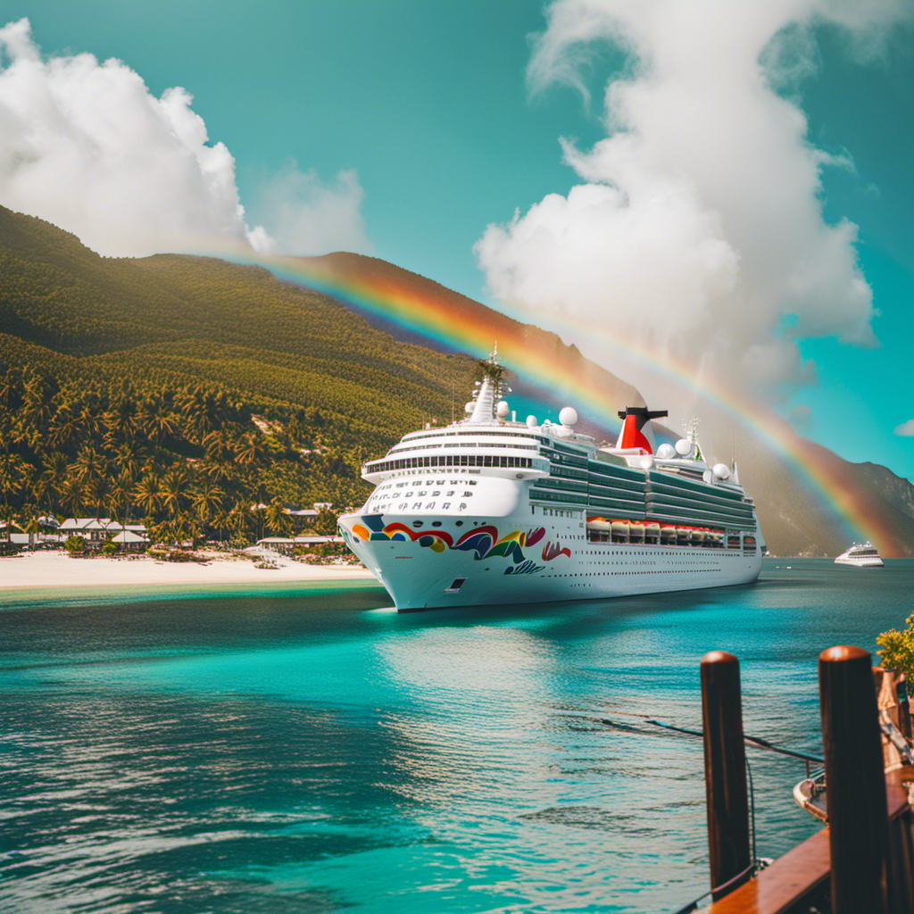 An image showcasing a vibrant, sun-kissed cruise ship adorned with rainbow flags, sailing through crystal-clear turquoise waters