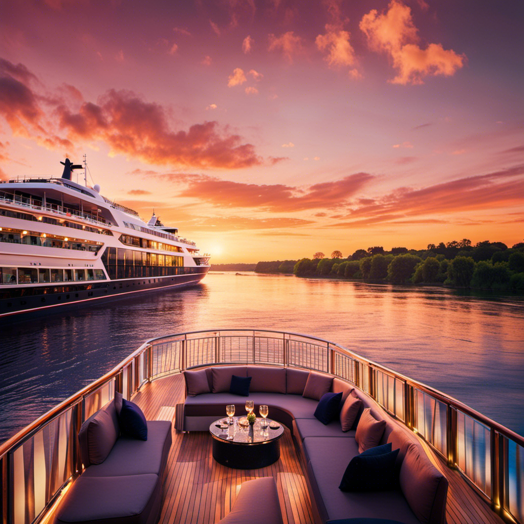 An image showcasing AmaCerto's luxurious river cruise experience - a breathtaking sunset casting warm hues on the ship's elegant deck, as guests relax in plush loungers, sipping champagne, and admiring the picturesque River of Dreams winding through enchanting landscapes