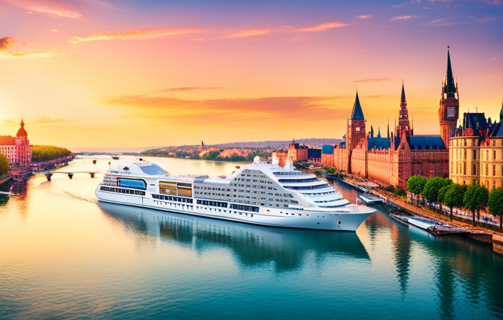 An image showcasing Amawaterways' 2023 expansion: a stunning river cruise ship gliding along a picturesque waterway, adorned with vibrant flags, reflecting the company's commitment to exciting new journeys and enhanced experiences