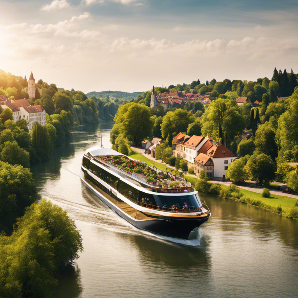 An image showcasing a luxurious AmaWaterways river cruise ship gliding through a picturesque European river, surrounded by lush greenery and charming medieval towns, with passengers enjoying panoramic views from the sun-drenched deck
